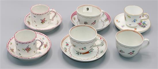 French faience coffee cups and saucer, a Meissen cup & saucer, and New Hall cups and saucers